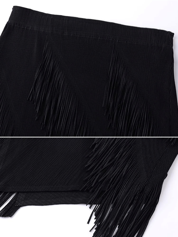 Fringed Irregular Black Skirt_BDHL7351