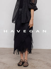 Fringed Irregular Black Skirt_BDHL7351