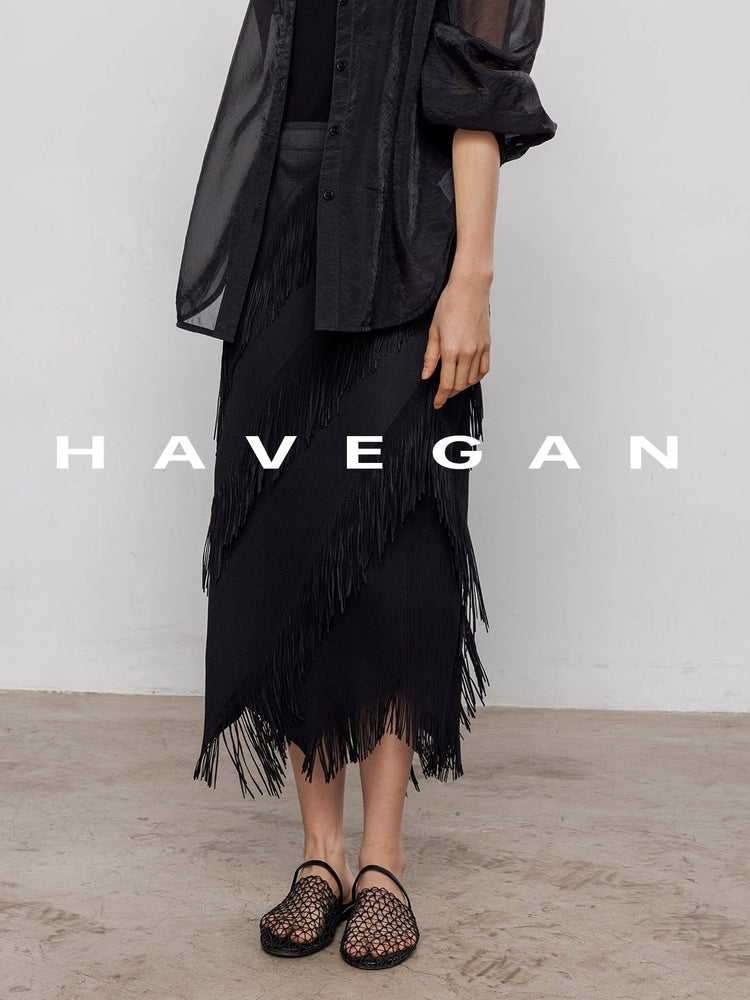 Fringed Irregular Black Skirt_BDHL7351