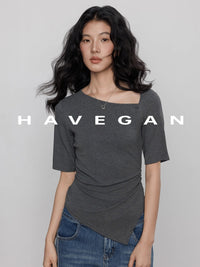 Diagonal Collar Knitted T-Shirt_BDHL7365