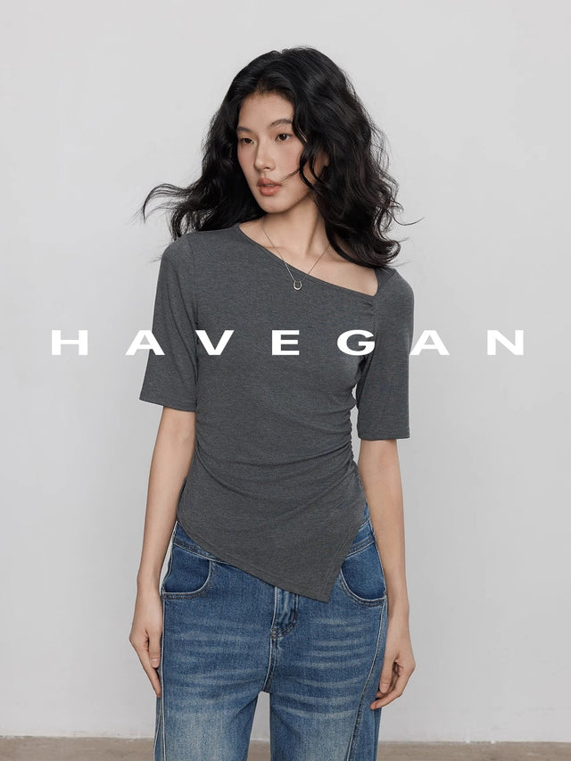 Diagonal Collar Knitted T-Shirt_BDHL7365