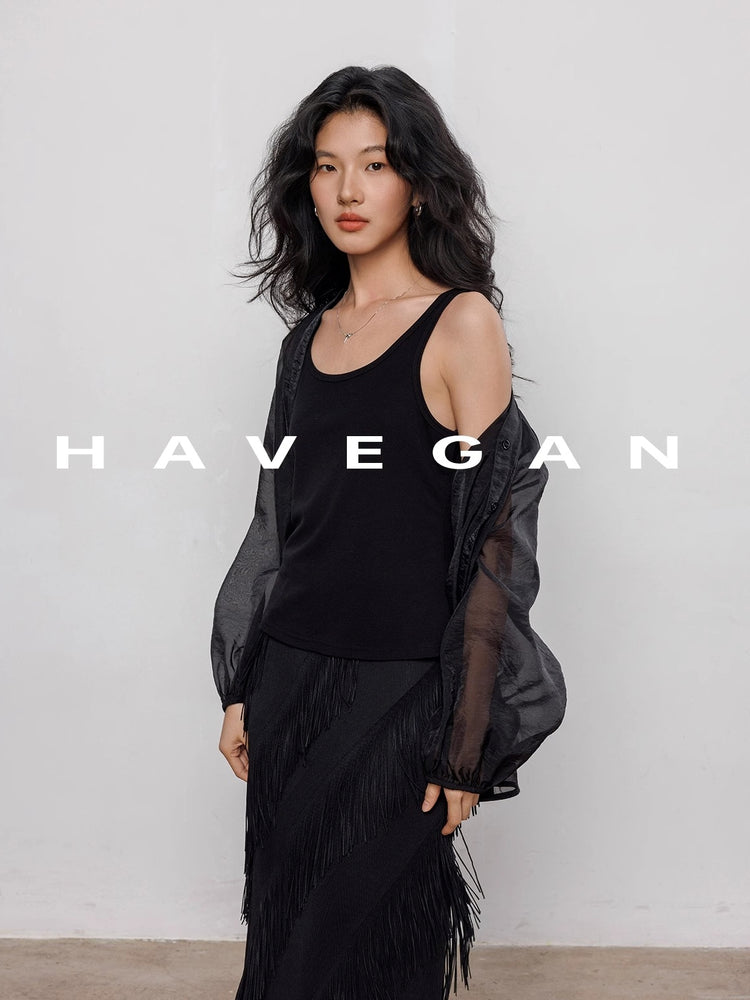 Fringed Irregular Black Skirt_BDHL7351