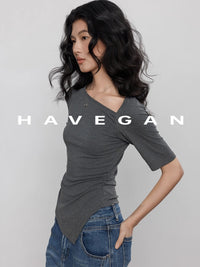 Diagonal Collar Knitted T-Shirt_BDHL7365