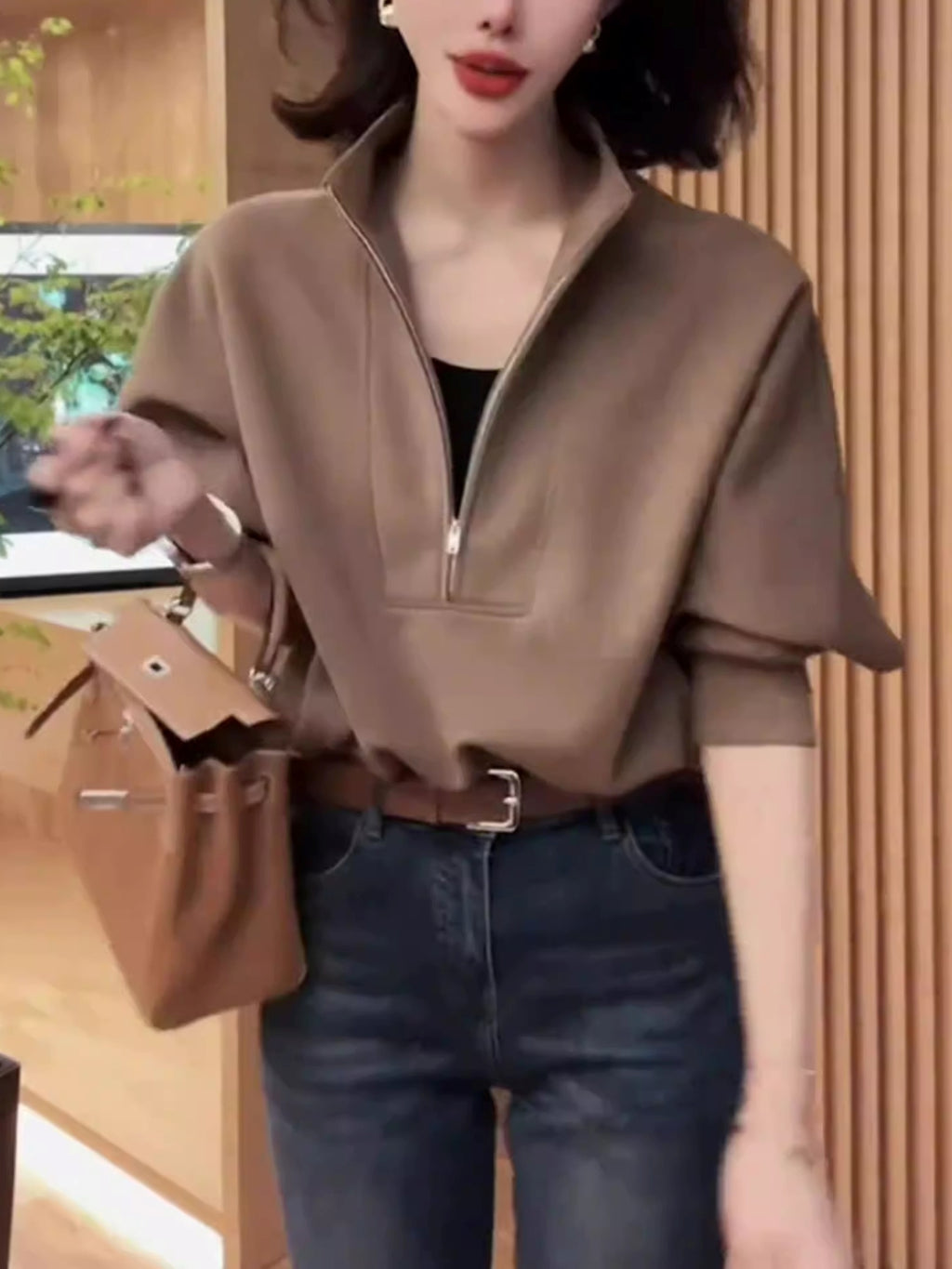Brown Half-Zip Sweatshirt Tops_BDHL8041