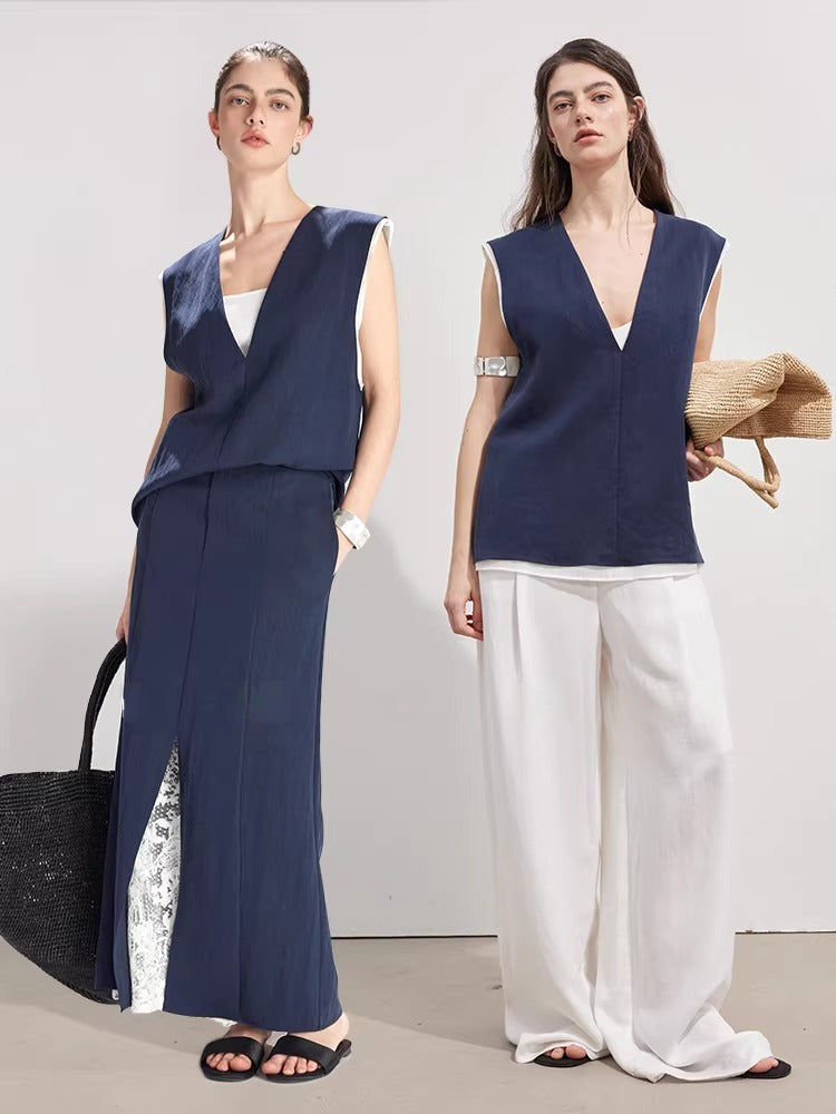 Tencel Lace-Trim Vest & Slit Skirt Set_BDHL8224