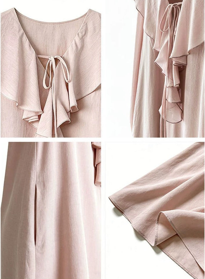 Ruffle V-neck Puff Sleeve Loose Long Dress_BDHL8262