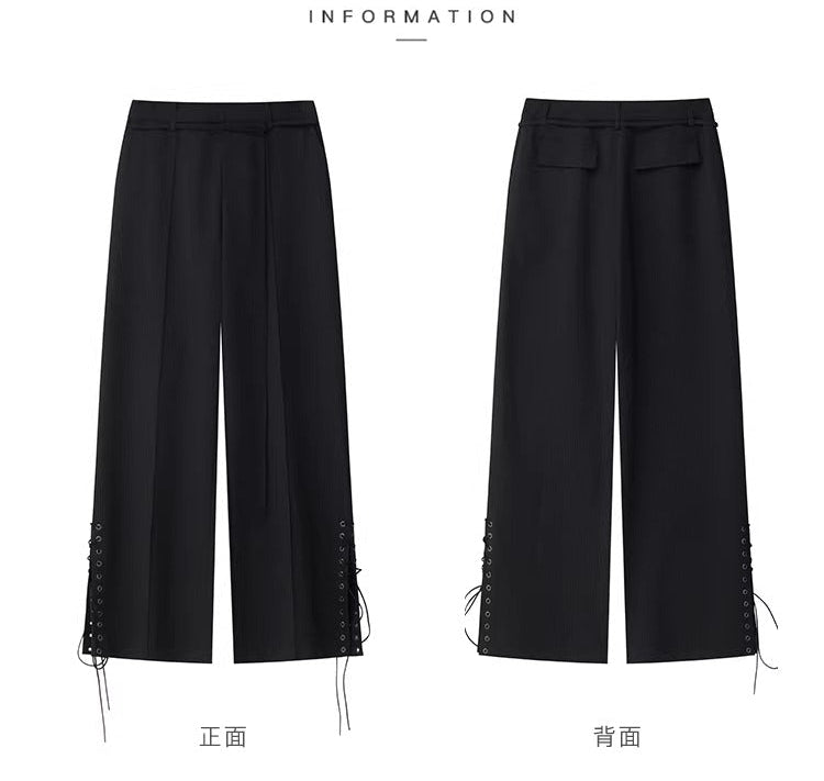 Black Lace-Up Side Low-Rise Wide Pants_BDHL8240