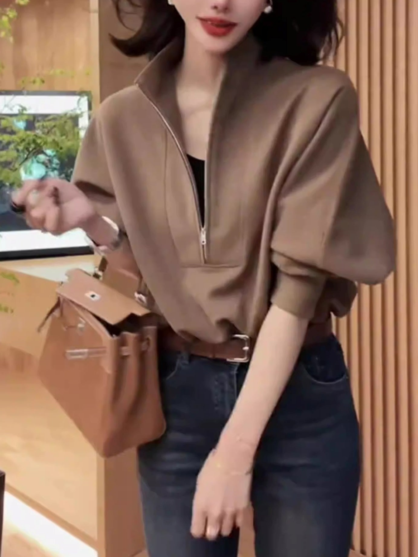 Brown Half-Zip Sweatshirt Tops_BDHL8041