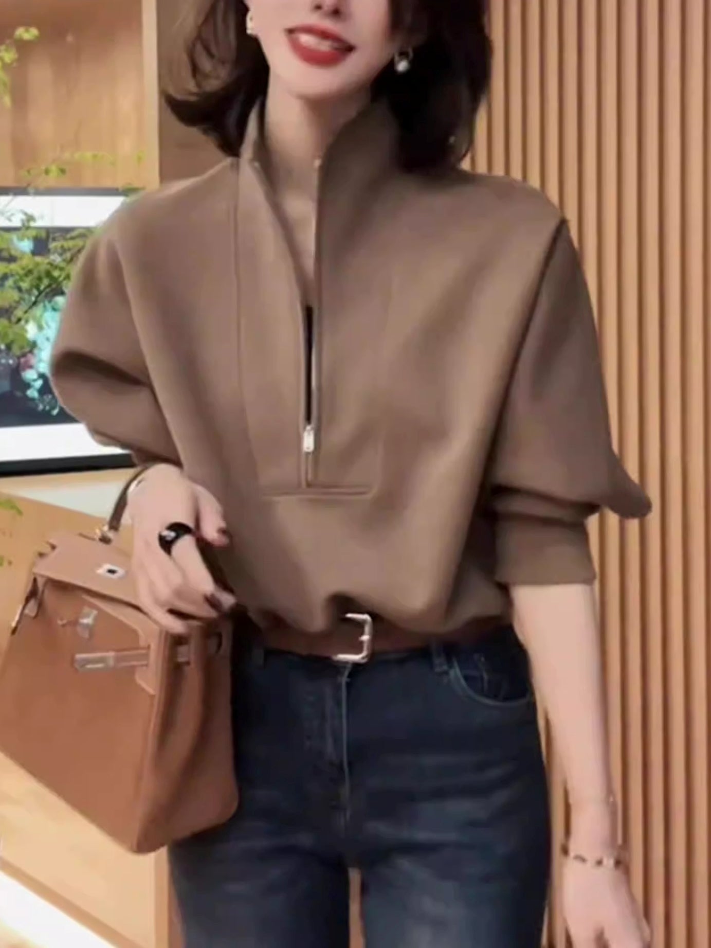 Brown Half-Zip Sweatshirt Tops_BDHL8041