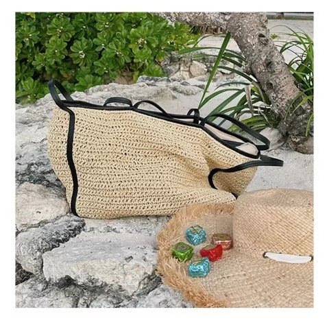 Leather strap contrast color woven bag_BDHL5800