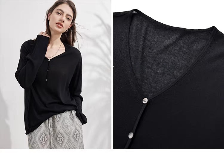 Tencel Linen Blend Relaxed Fit Long Sleeve V-Neck Knit Top_BDHL8228