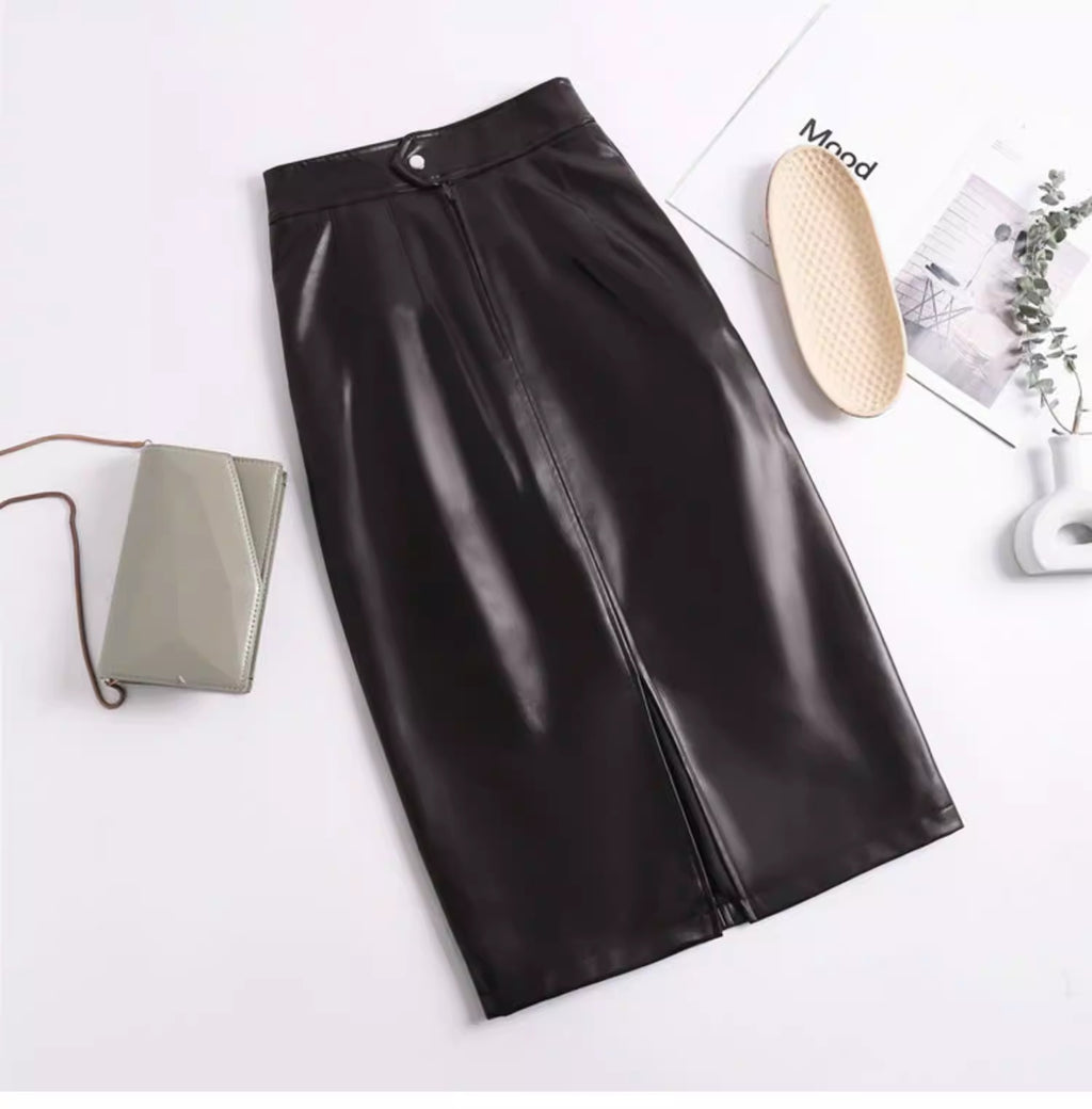 PU Slit Midi Skirt_HL3880