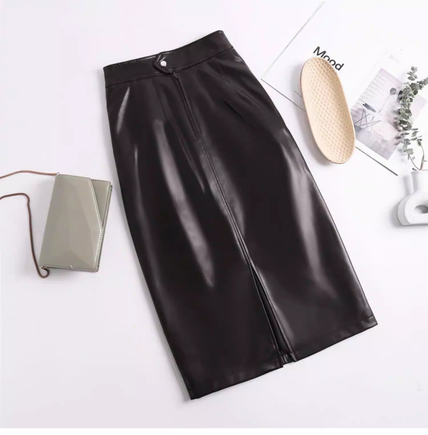 PU Slit Midi Skirt_HL3880