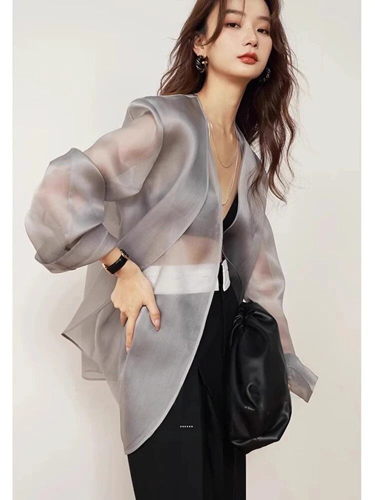 Sheer Silk Organza Collarless Long Jacket_BDHL8253