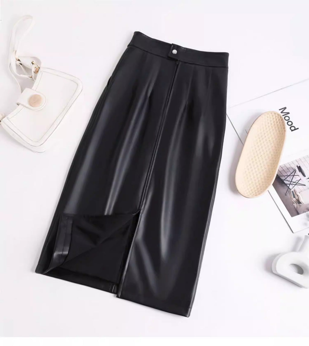 PU Slit Midi Skirt_HL3880