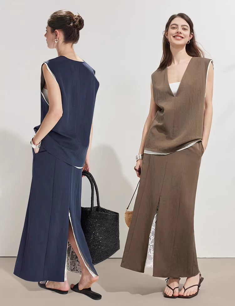 Tencel Lace-Trim Vest & Slit Skirt Set_BDHL8224