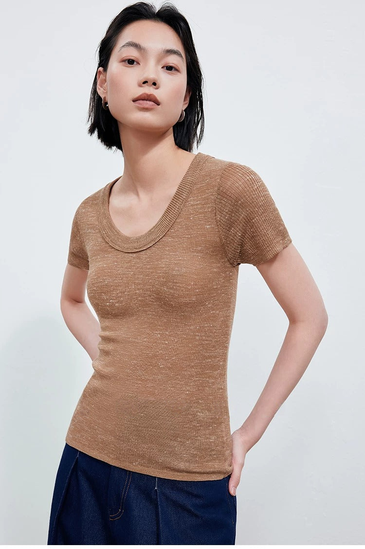Linen Blend U-Neck Knit Tee_BDHL8347