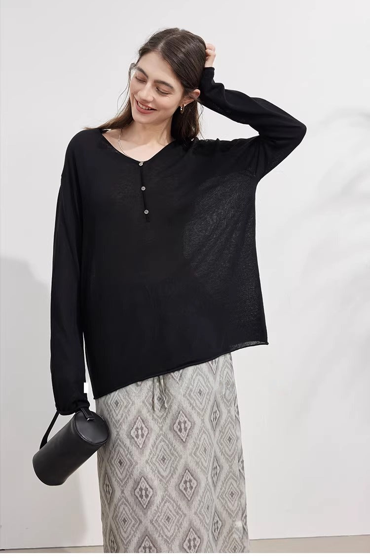 Tencel Linen Blend Relaxed Fit Long Sleeve V-Neck Knit Top_BDHL8228