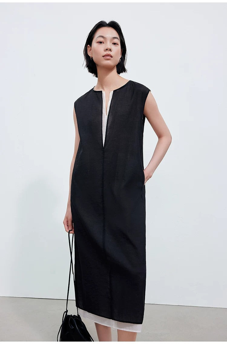 Double-Layer Color-Block Sleeveless Dress_BDHL8329