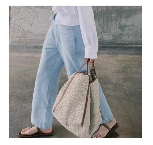 Leather strap contrast color woven bag_BDHL5800