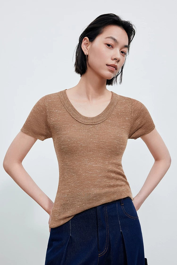 Linen Blend U-Neck Knit Tee_BDHL8347