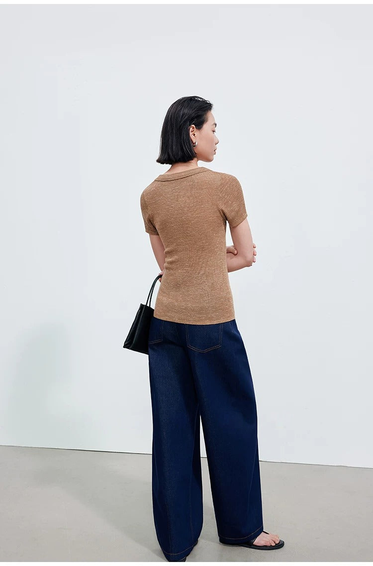 Linen Blend U-Neck Knit Tee_BDHL8347