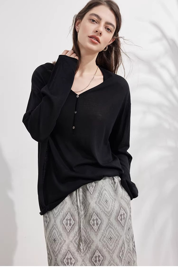Tencel Linen Blend Relaxed Fit Long Sleeve V-Neck Knit Top_BDHL8228