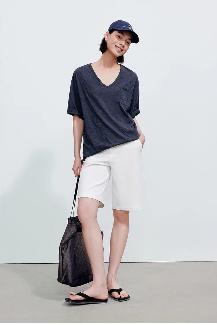 Crinkle Texture V-Neck Tee_BDHL8342