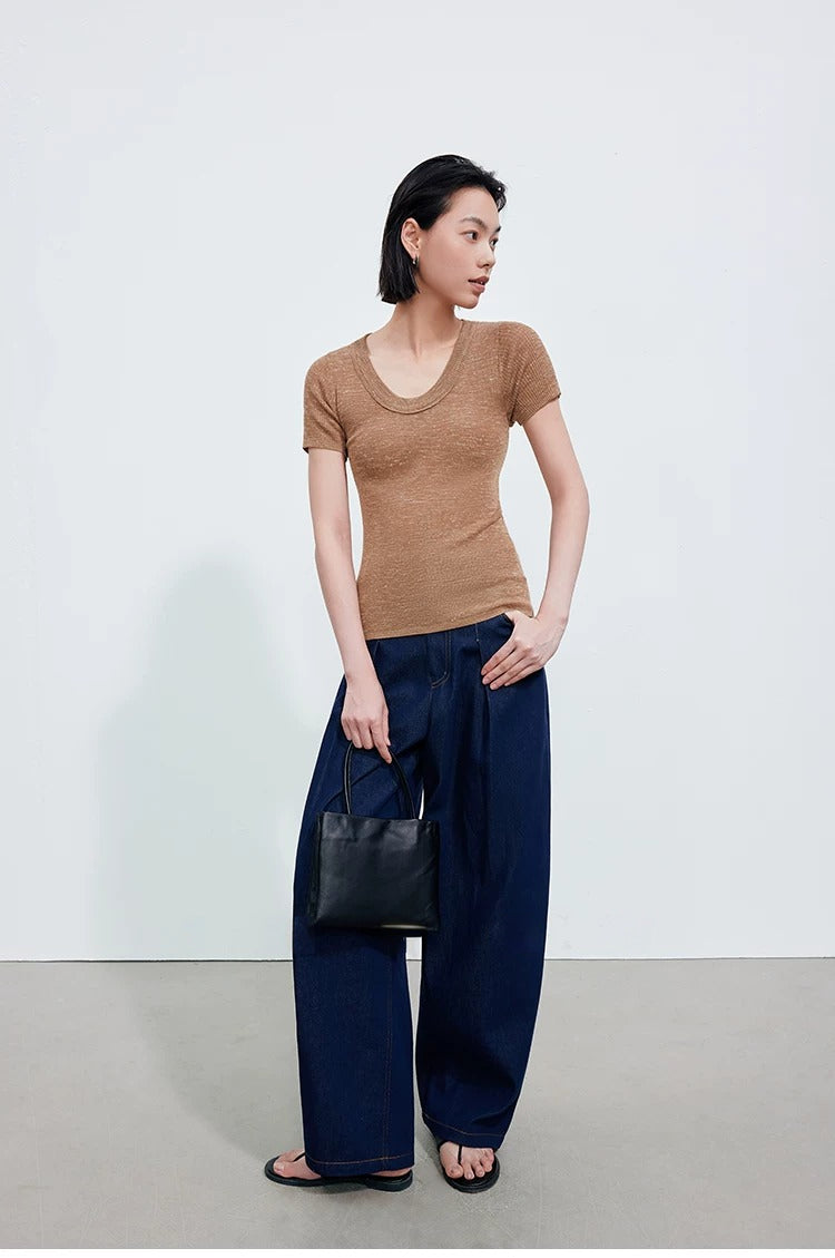 Linen Blend U-Neck Knit Tee_BDHL8347