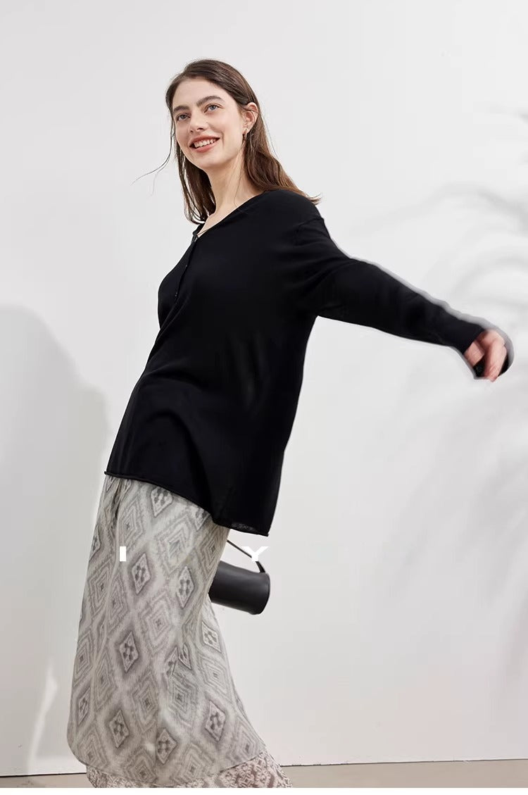 Tencel Linen Blend Relaxed Fit Long Sleeve V-Neck Knit Top_BDHL8228