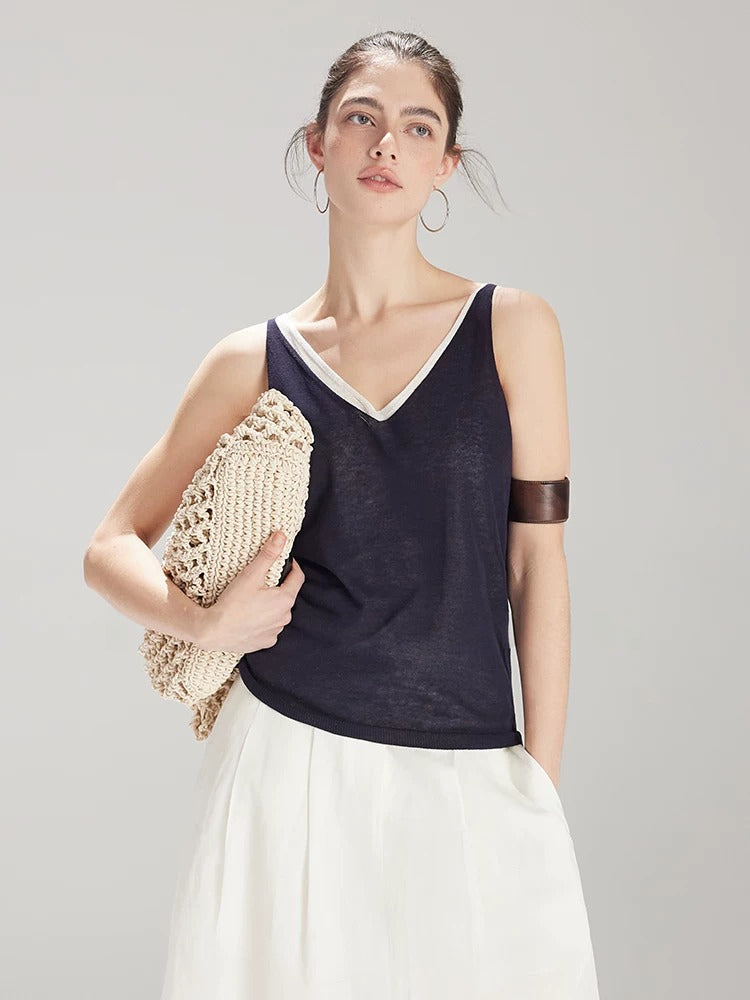 Linen-Blend V-Neck Knit Tank_BDHL8325