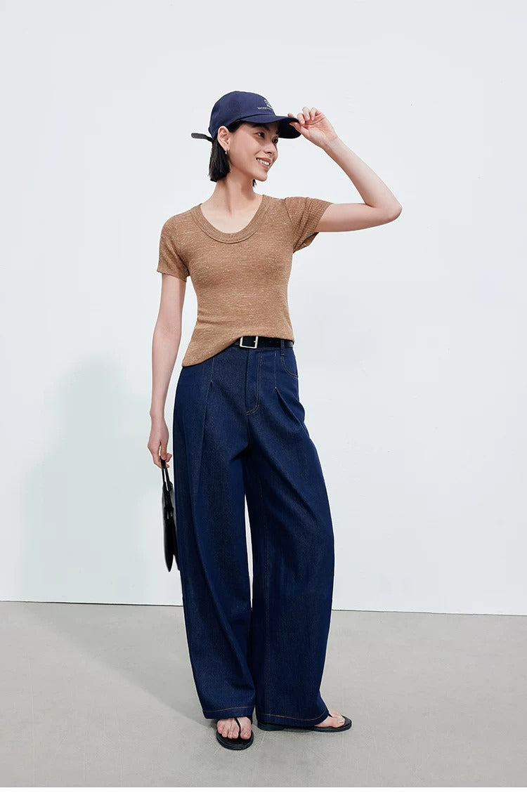 Linen Blend U-Neck Knit Tee_BDHL8347