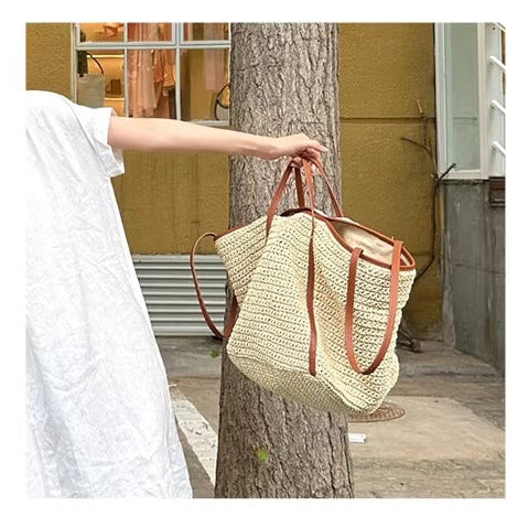 Leather strap contrast color woven bag_BDHL5800