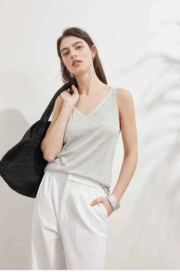 Linen-Blend V-Neck Knit Tank_BDHL8325
