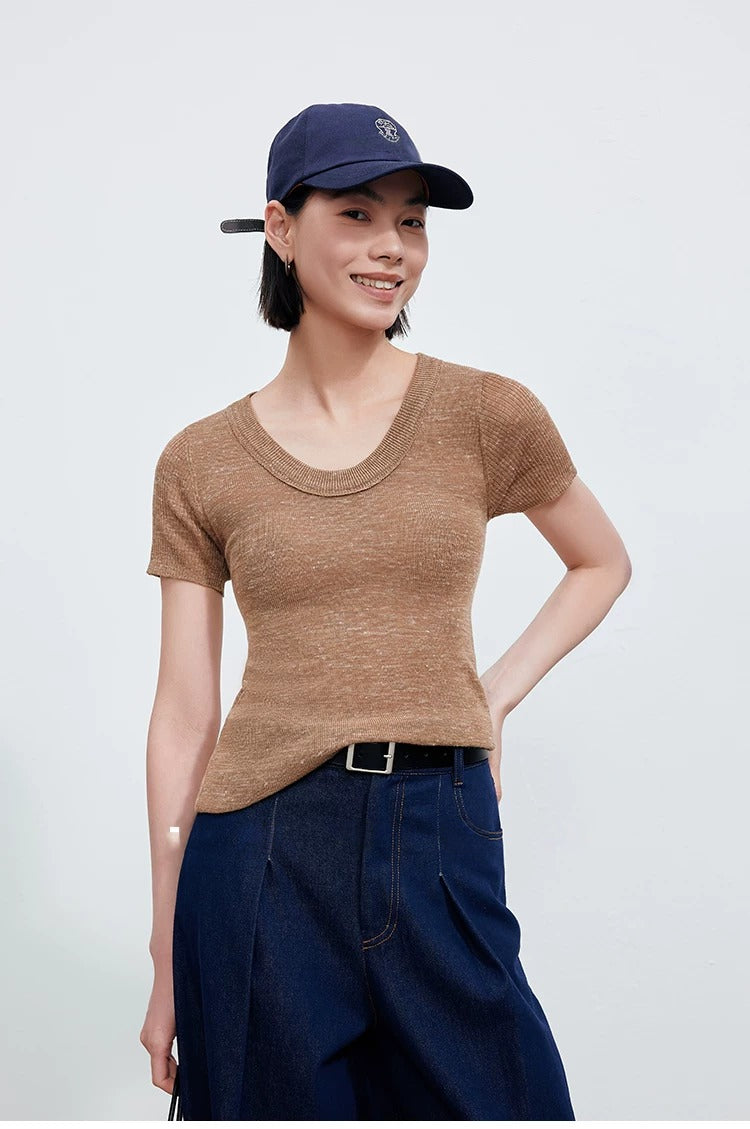 Linen Blend U-Neck Knit Tee_BDHL8347