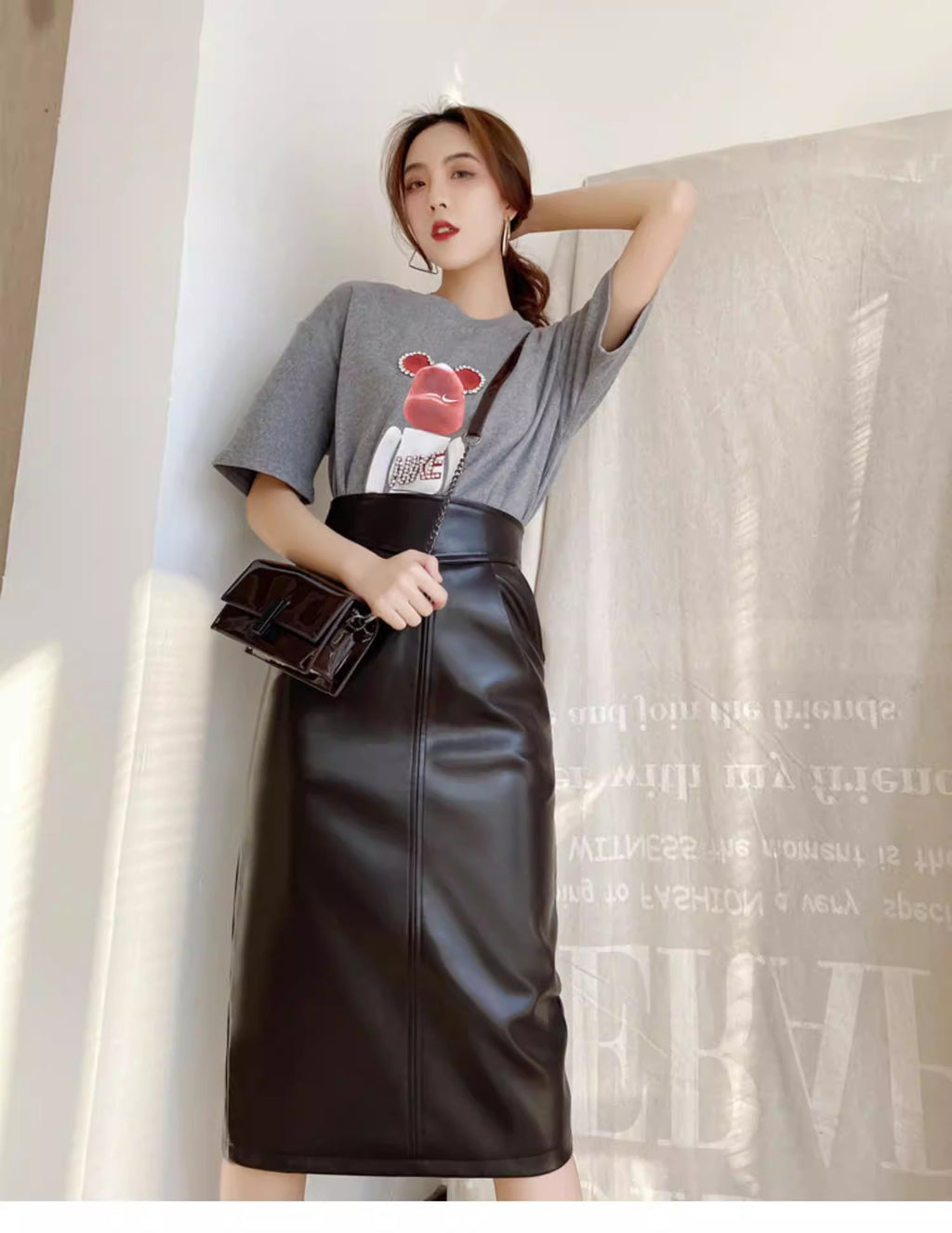PU Slit Midi Skirt_HL3880
