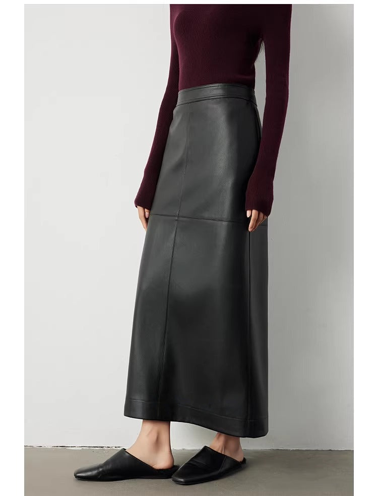 Retro high-waisted PU leather skirt_BDHL5299
