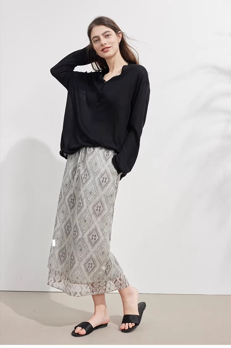 Tencel Linen Blend Relaxed Fit Long Sleeve V-Neck Knit Top_BDHL8228