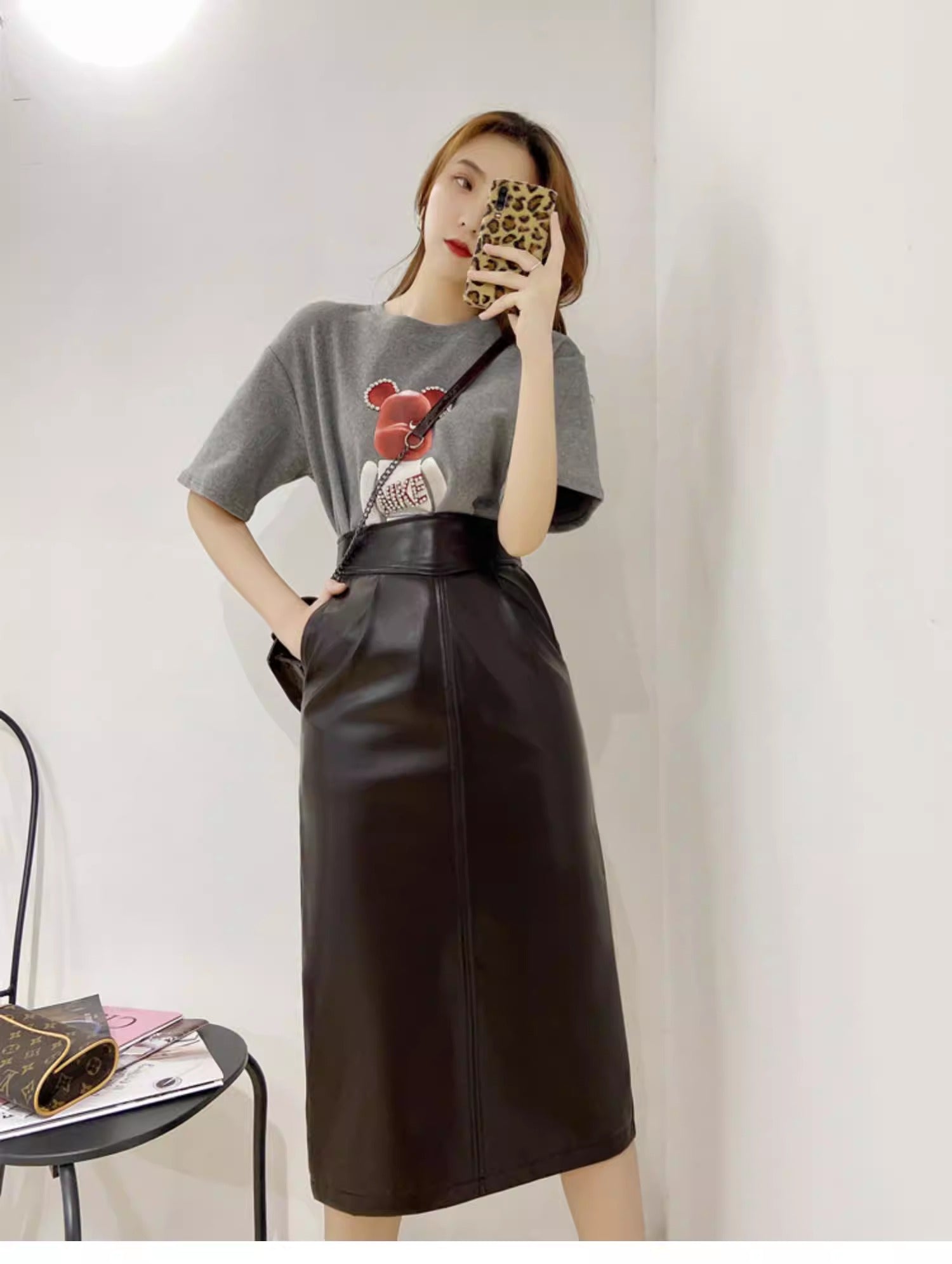 PU Slit Midi Skirt_HL3880