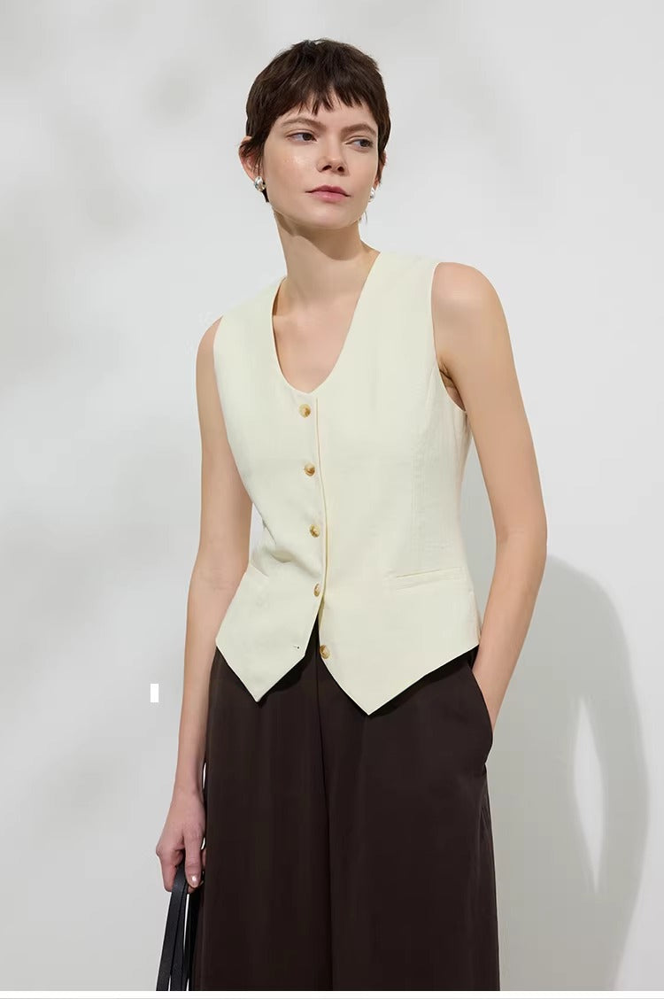 Linen Blend Fitted Teardrop Neck Sleeveless Vest Top_BDHL8226