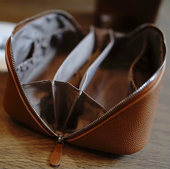 Natural Leather Cylindrical Cosmetic Travel Bag_BDHL8266