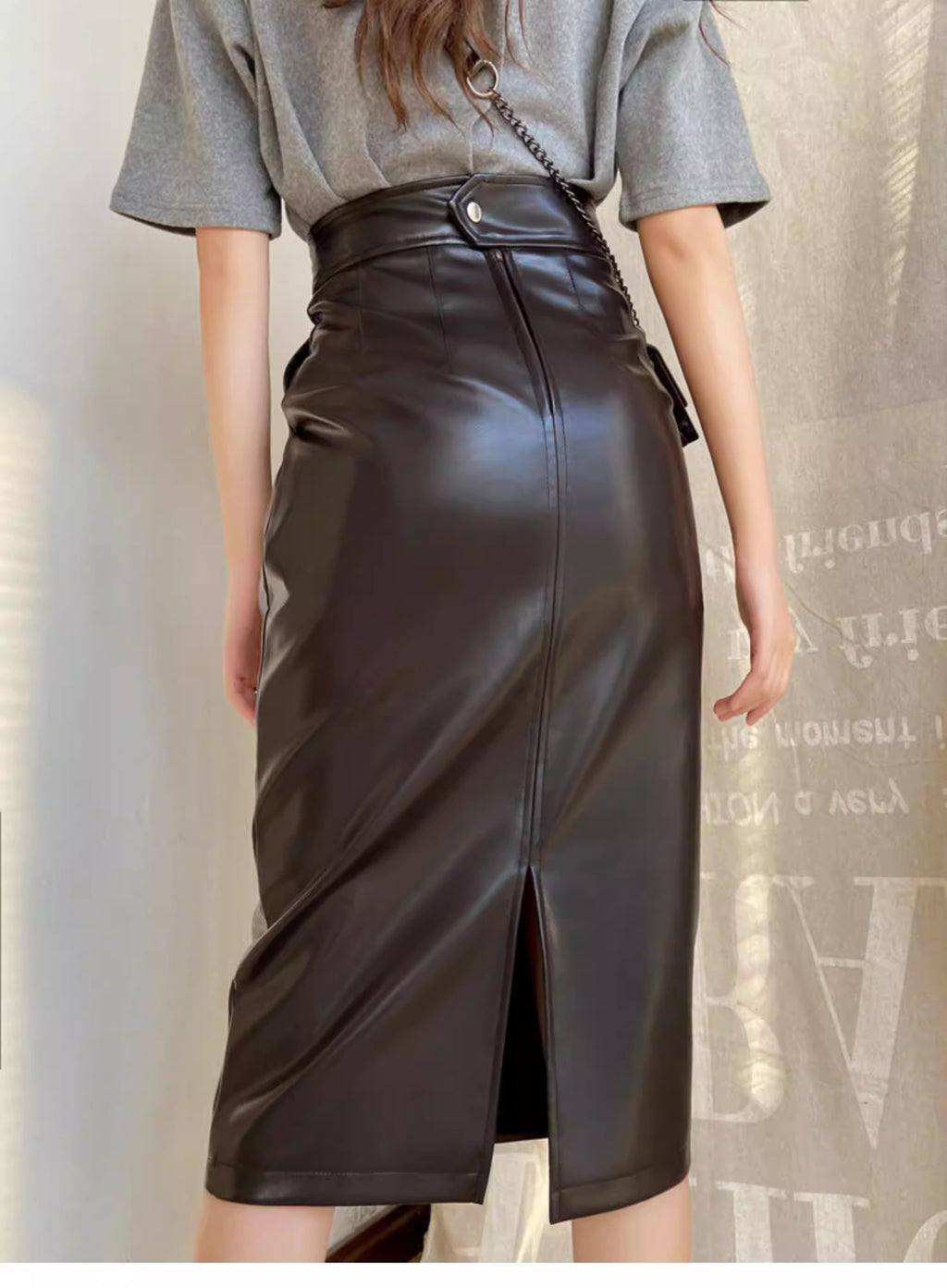 PU Slit Midi Skirt_HL3880