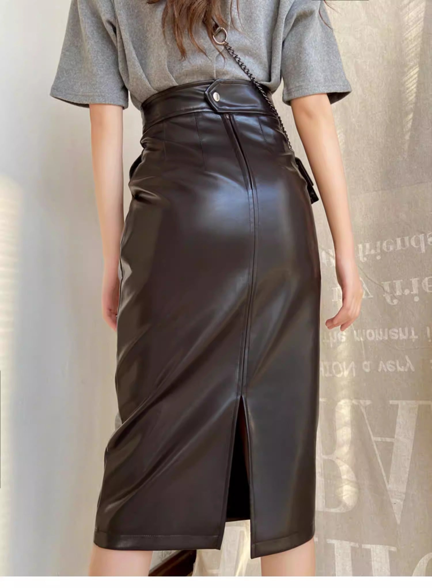 PU Slit Midi Skirt_HL3880
