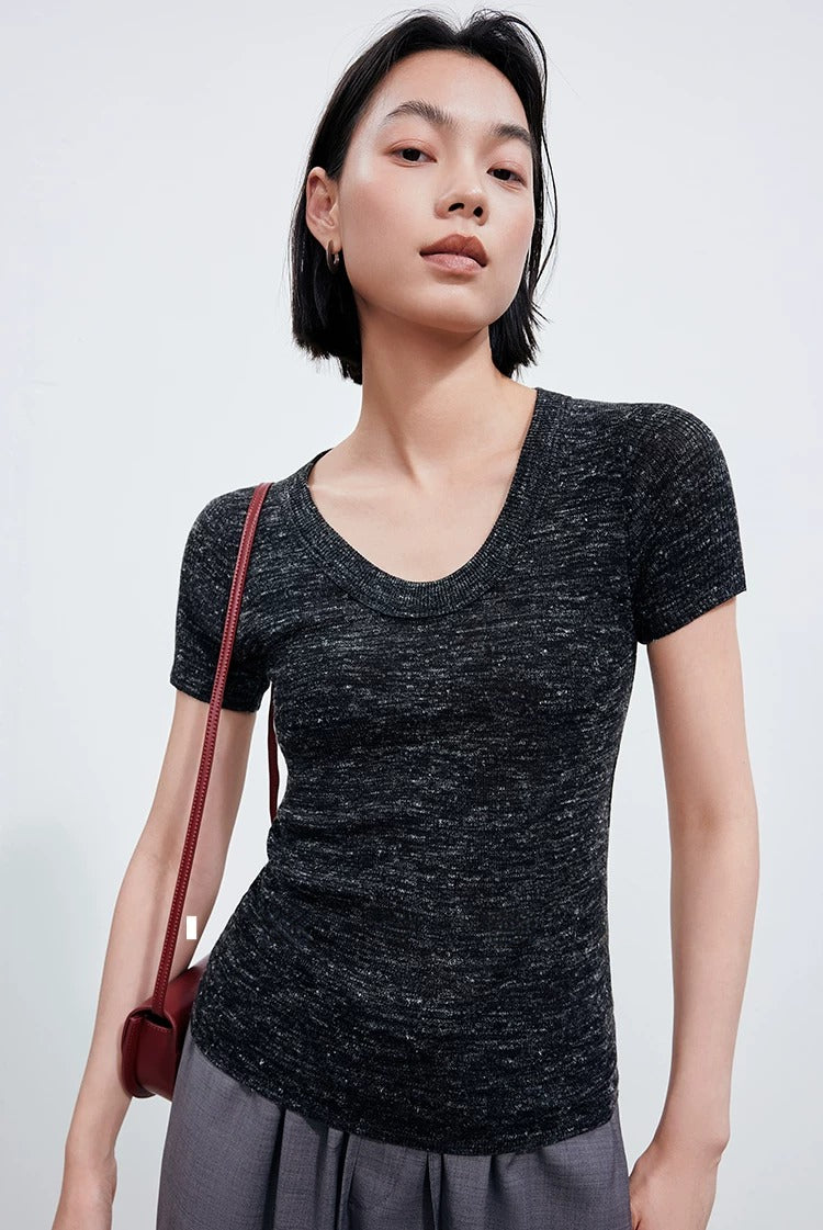 Linen Blend U-Neck Knit Tee_BDHL8347
