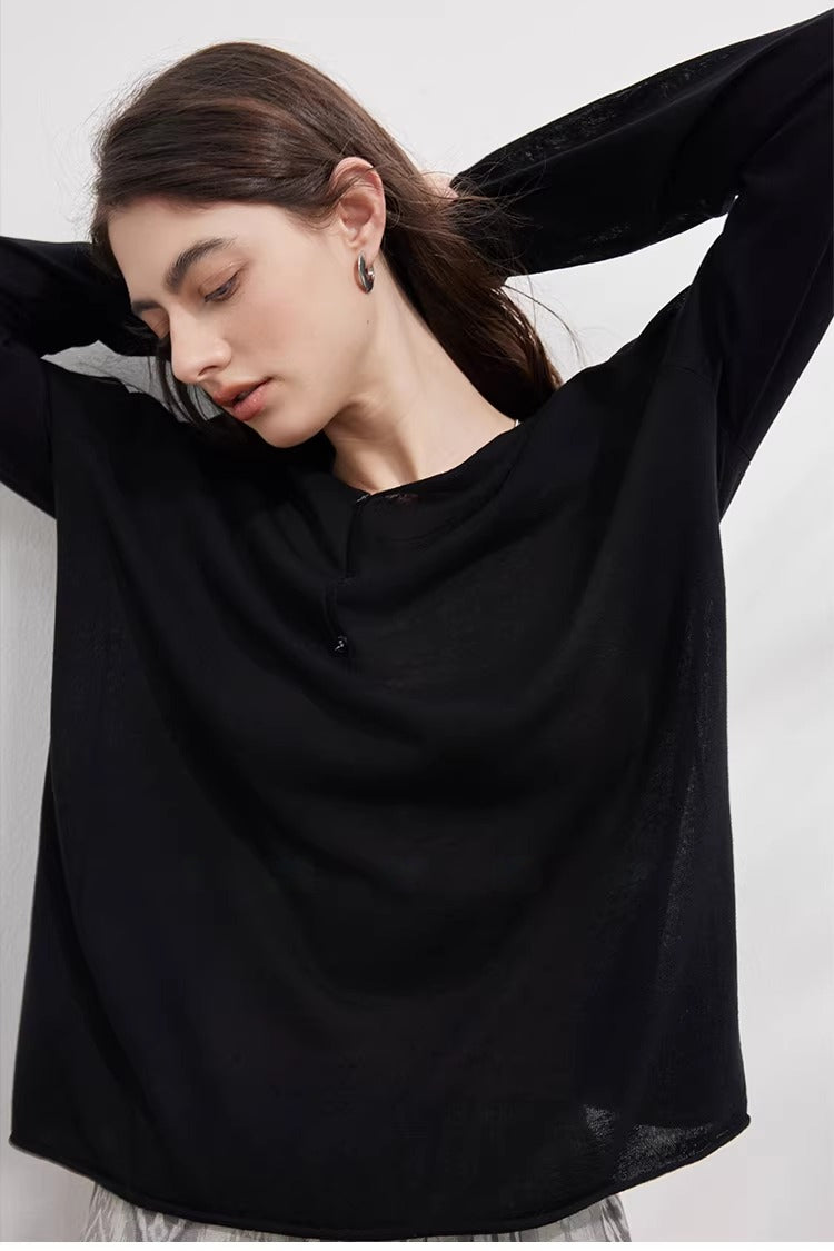 Tencel Linen Blend Relaxed Fit Long Sleeve V-Neck Knit Top_BDHL8228