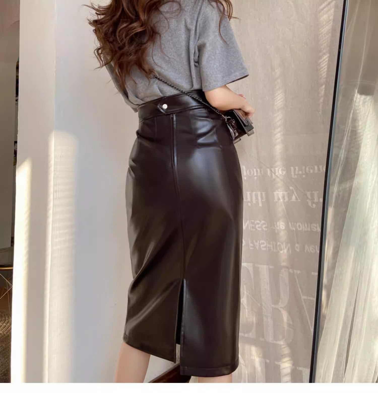 PU Slit Midi Skirt_HL3880
