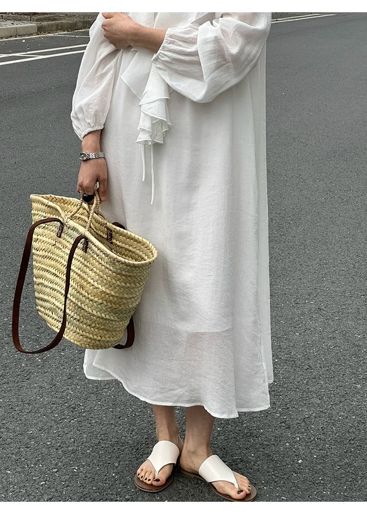 Ruffle V-neck Puff Sleeve Loose Long Dress_BDHL8262