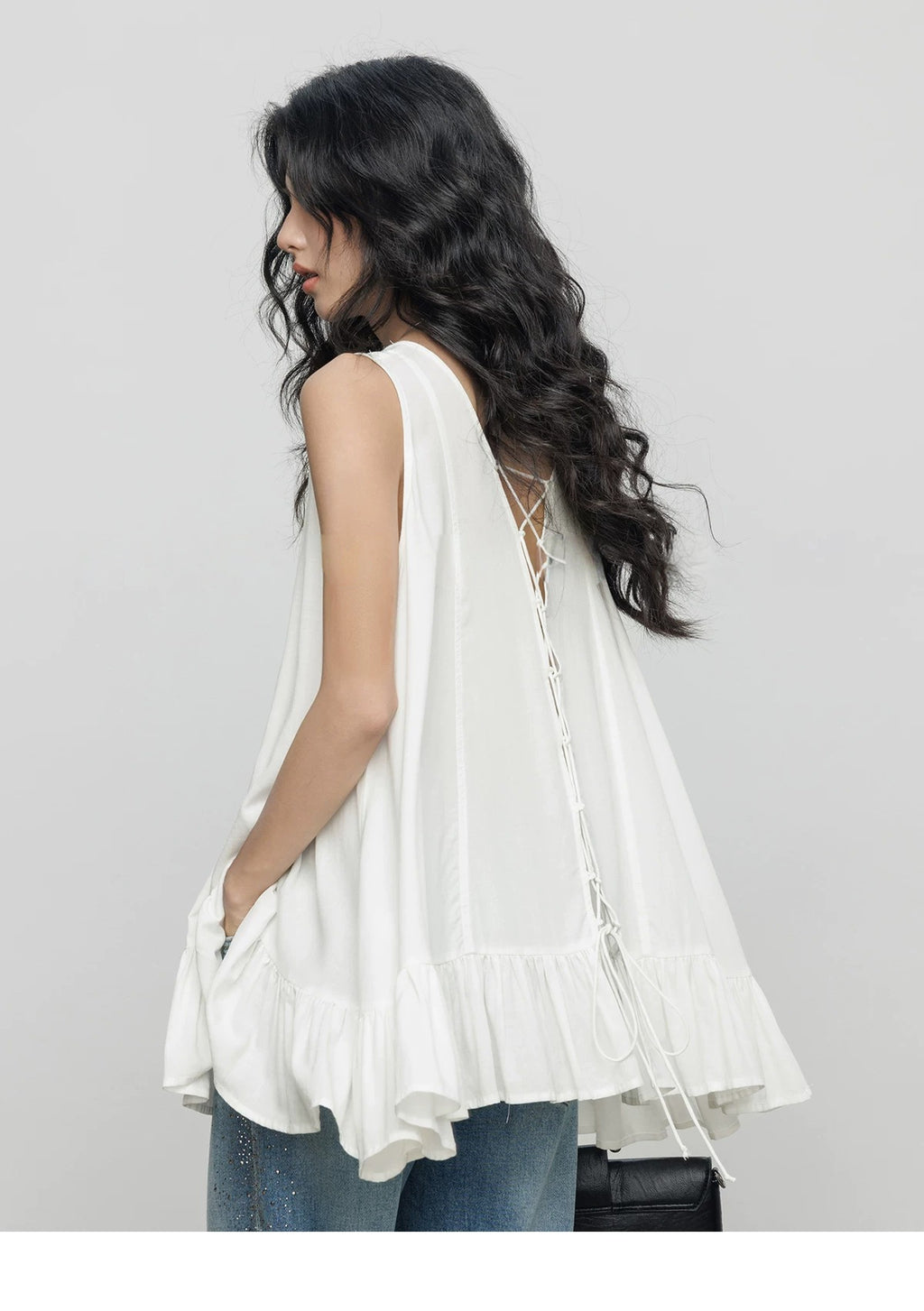 Ruffle Hem Sleeveless Linen Top_BDHL8360