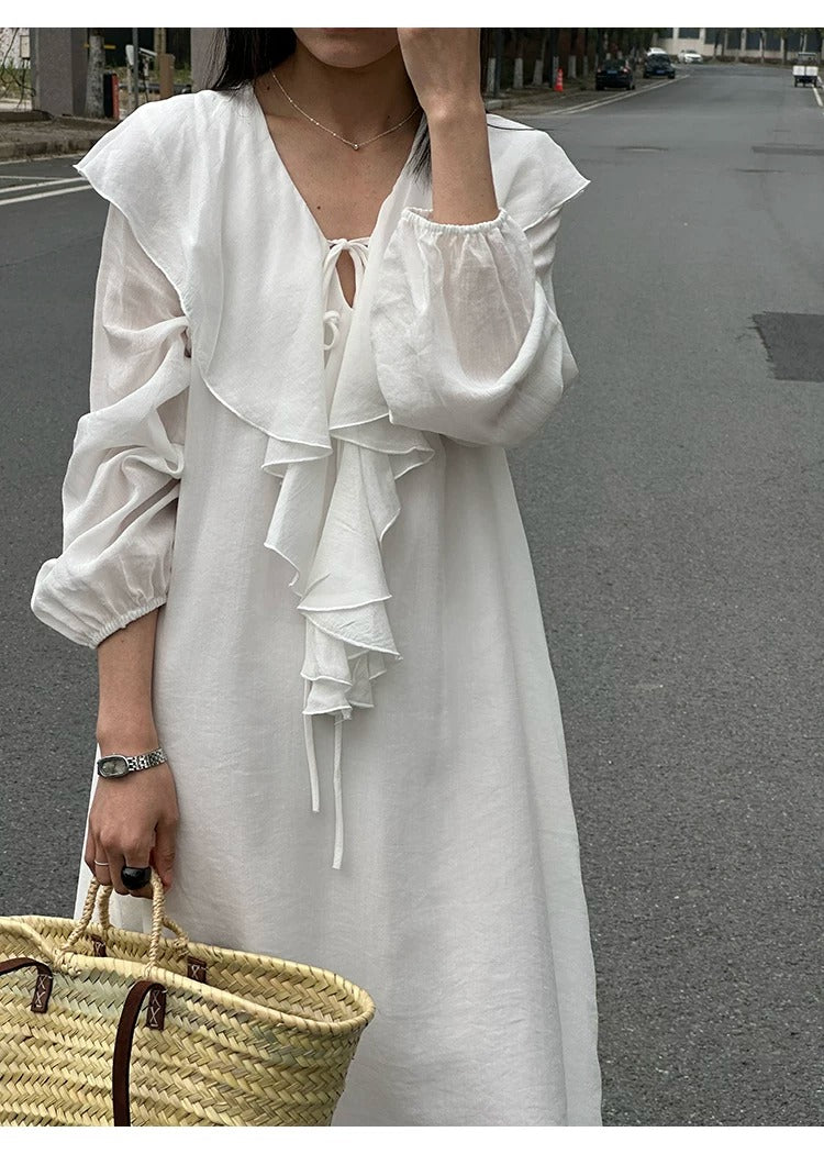 Ruffle V-neck Puff Sleeve Loose Long Dress_BDHL8262