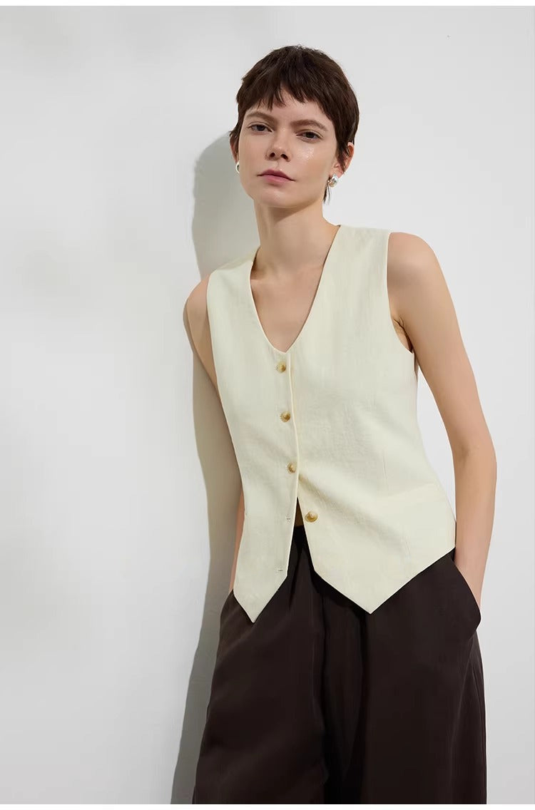 Linen Blend Fitted Teardrop Neck Sleeveless Vest Top_BDHL8226